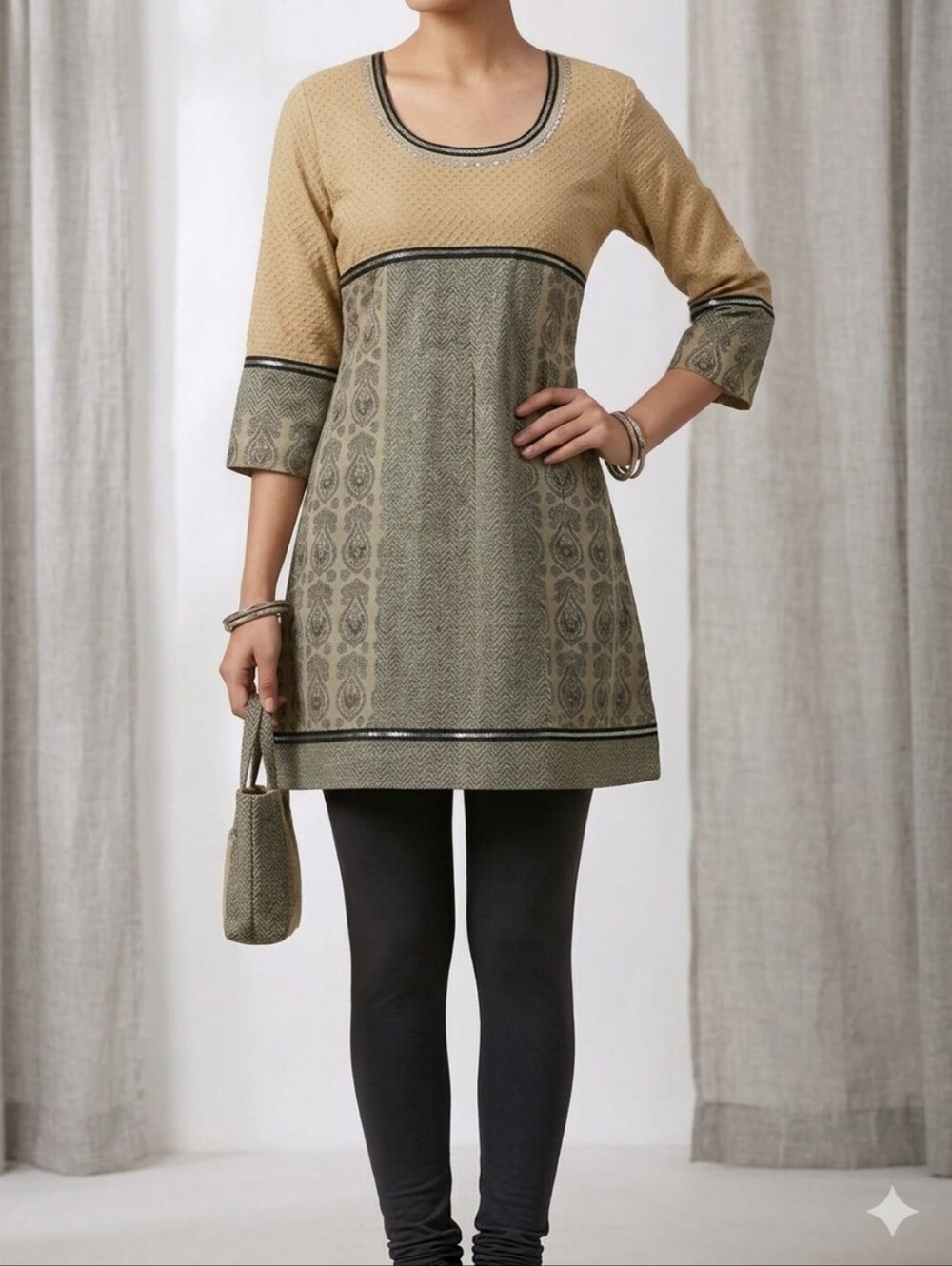 NWT Kurti South Asian Indian Women's Beige Scoop Neck Sequin Tunic Size Large